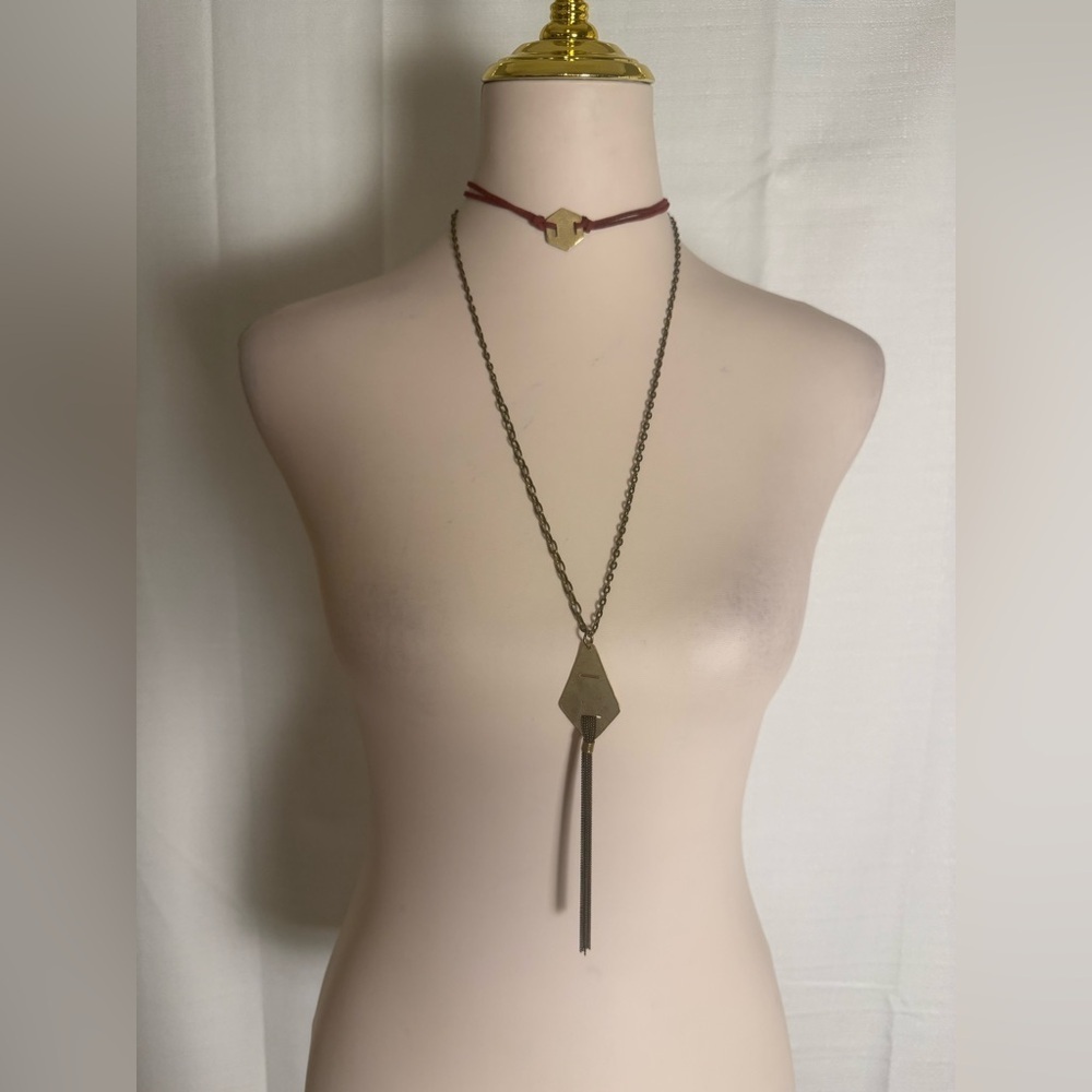 Boho Layered Necklace Set – Geometric Choker & Long Pendant with Tassel